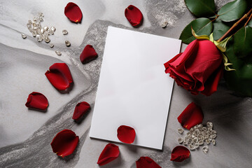mock-up, white leaf, postcard, rose, rose petals 