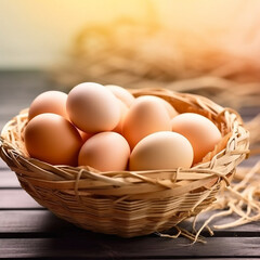Chicken eggs in a wicker basket 