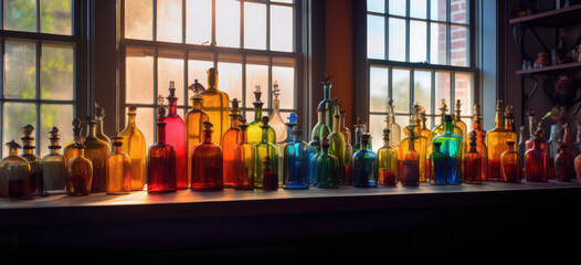 Hand made glass bottles and jars on a shelf in front of a window. early 1900s glass craft atelier or glass blowing workshop. Handmade glass containers. hand edited generative AI. 