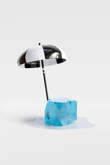 Vertical collage picture of sun umbrella covering protect ice cube hot warm summer weather isolated...