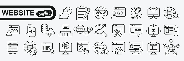 Website icon set. Containing web design, internet, content, SEO, hosting, server, homepage and e-commerce icon.  - obrazy, fototapety, plakaty