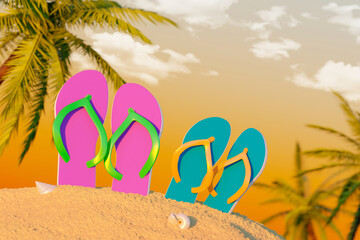 Fototapeta na wymiar Creative collage image of new collection flip flop shoes ad sand beach tropical palm tree clouds sky summer season