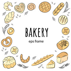 Bakery, bread, croissant, bun, pie. Vector square round frame. Copy space.
