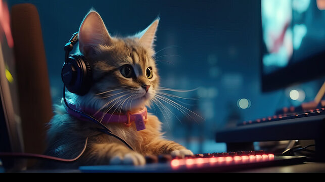 Playful Gamer Cat: Funny Feline in Headphones. Created using generative AI tools