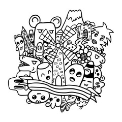 hand drawn illustration doodles, building doodles, town doodles, travelling doodles, happy doodles, windmill doodles, holiday doodles, vector illustration