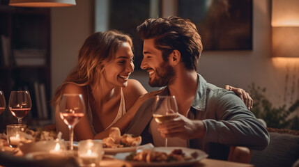 Happy young couple in love having romantic dinner date with candles sitting at table created with generative AI technology