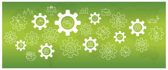 ESG Banner, Environment, Society and Corporate Governance includes Net zero, global, environment, with icons and Multi Wheel, sprockets on a green background, Web and Social Header Banners for ESG