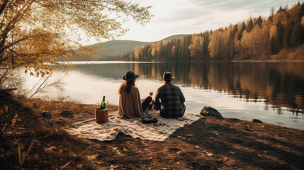 Fototapeta na wymiar Couple enjoying a picnic by a scenic lake (Generative AI)