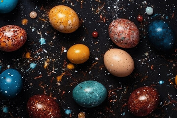 Fototapeta na wymiar Easter cosmic space colored eggs. Idea for greetings and Easter. Top view concept with colored eggs in flat lay style. AI Generative
