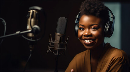 woman podcaster recording an audio podcast in a radio station or podcast studio, with a focus on her face. Generative Ai