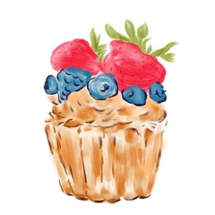 Piece of cake with berries on top drawn by hand. Color illustration for design