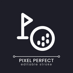 Golf ball and cup tag pixel perfect white linear ui icon for dark theme. Sports hobby. Vector line pictogram. Isolated user interface symbol for night mode. Editable stroke. Poppins font used