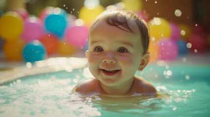Fototapeta na wymiar happy baby playing in a swimming pool during summer vacation. Generative ai