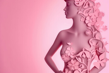 Paper cut , Breast cancer awareness day, Body Woman with flowers on pink background , Created with generative AI
