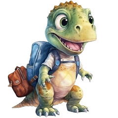 Cute cartoon dinosaur with backpack, Watercolor illustration AI Generative