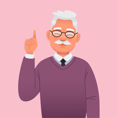 Smiling elderly gray-haired man with a mustache and glasses points fingers at something. Handsome old grandfather.