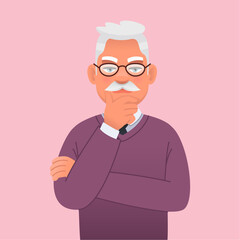 Old gray-haired man with a mustache and glasses was thinking about something. Elderly handsome grandfather.