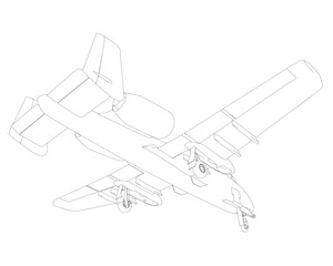 Outline Combat aircraft in isolate on a white background. Modern combat aircraft. Stylized image of a fighter jet on a white background. Vector image for prints, poster and illustrations..
