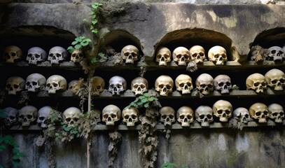 A collection of skulls on wall in an old building