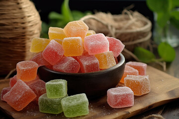A bowl with colored gummy cubes on top
