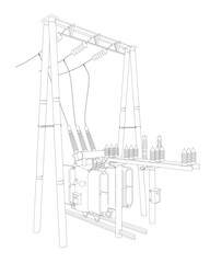 Outline Electric transformer substation. Power grid substation - vector illustration. Electrical substation. The high-voltage transformer and switch. Risk of electric shock. electricity supply..