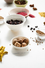 Close up of  Nutmeg Turmeric Root spice set cooking food