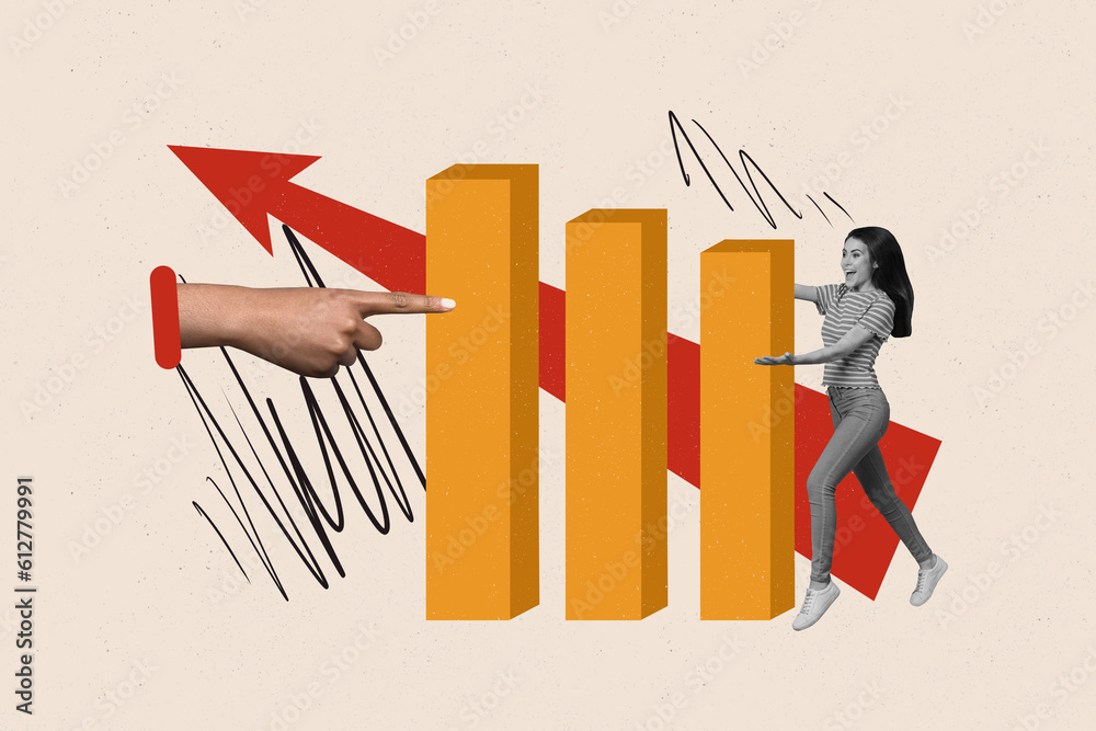 Poster collage image of arm point finger mini black white effect girl growing stats graphs arrow upwards is