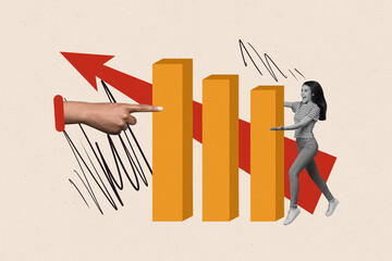 Collage image of arm point finger mini black white effect girl growing stats graphs arrow upwards...