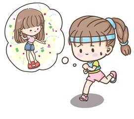 Cute cartoon style drawing on a white background Young woman exercising by running with text box expressing herself weighing on the scale happy about achieving weight loss goal about diet health care.