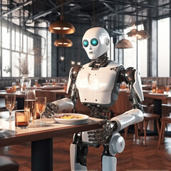Fototapeta premium robot technology serve as waiter in modern restaurant,Ai Generative