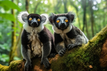 pair of Sambirano silky-furred lemurs (Indri indri), on a tree, in a green and fairy-like forest