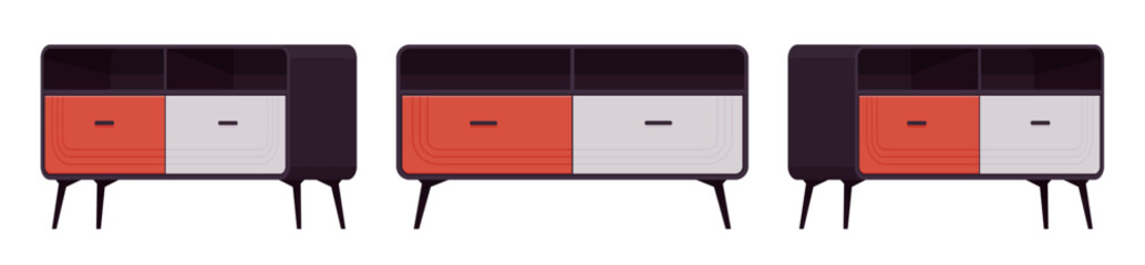 Sideboard buffet credenza, low storage accent cabinet set. Solid wood dining, living room, condo, kitchen functional furniture. Vector flat style cartoon home, office piece isolated, white background
