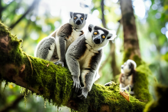 pair of Sambirano silky-furred lemurs (Indri indri), on a tree, in a green and fairy-like forest