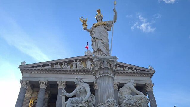 Austrian Parliament Building in Vienna, Building Exterior, National Flag, Athena Sculpture Under Blue Sky