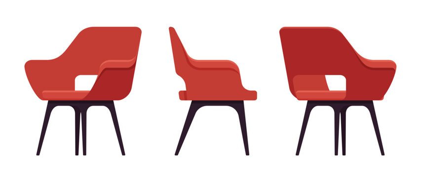 Side Furniture Reception Chair, Red Dining Lounge Seat Set. Cafe Indoor Or Outdoor Use, Kitchen, Guest Room Modern Decor. Vector Flat Style Cartoon Home, Office Piece Isolated On White Background