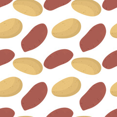 Sweet potato seamless pattern on white background. Raw vegetable food endless texture. Potatoes in flat cartoon illustration. Vector