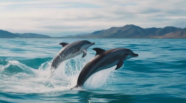 Two dolphins jumping over the water. Generative AI.