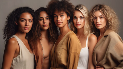 Obraz premium Multiethnic group of beautiful women posing in studio. Beauty, fashion. Generative AI.