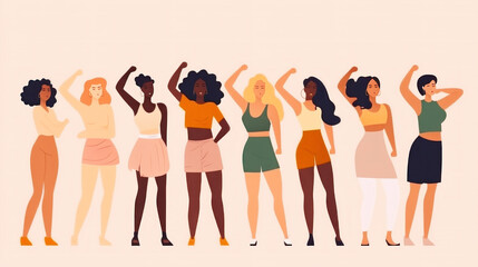 Women with different body shapes. Illustration in flat cartoon style. Generative AI.