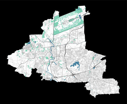 Tangerang map. Detailed map of Tangerang city administrative area. Cityscape panorama illustration. Road map with highways, streets, rivers.