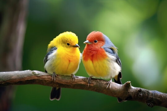 Two colorful birds are sitting on branch
