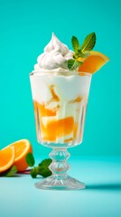 Fototapeta na wymiar Glass of orange milk cocktail with whipped cream on pastel blue background. Generative AI.