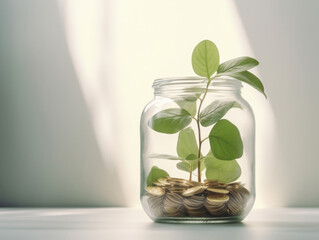 A small, green plant growing in a clear jar filled with shiny coins. symbolizes prosperity and financial growth, while the coins represent the fruits of hard work and saving money. Generative AI.