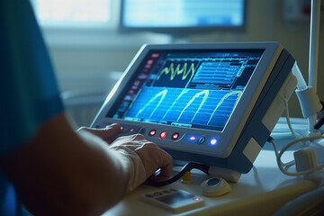 An attentive and professional doctor looking closely at the screen displaying the patient's vital health indicators and data. The physician is ready to provide medical recommendations. Generative AI.