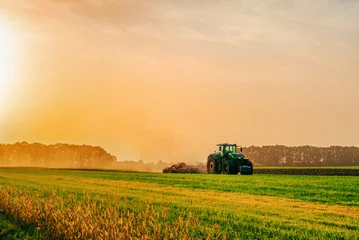 Fotobehang Weide a tractor in a field plows the ground at dawn, sowing grain, sunset, sunrise. High quality photo