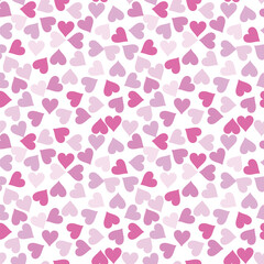 Bright pink hearts seamless pattern.  Delicate cute colored hearts repeat on white background. Vector illustration.