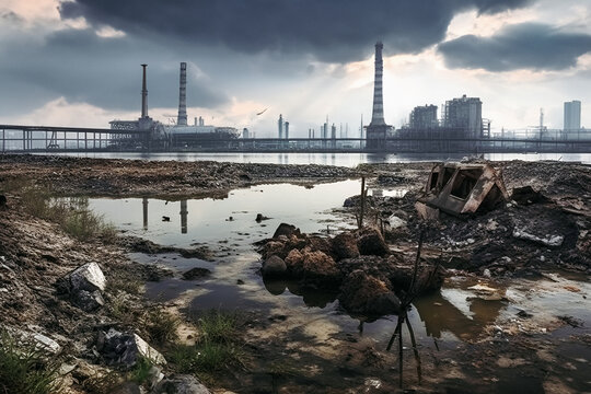 view of a destroyed factory in a post apocalyptic city