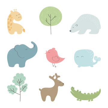 A set of minimalistic animals abd trees in muted colors. Cute childish giraffe, elephant, crocodile, bird, polar bear, whale and deer.  Hand drawn vector set. Design for kids, print, pattern