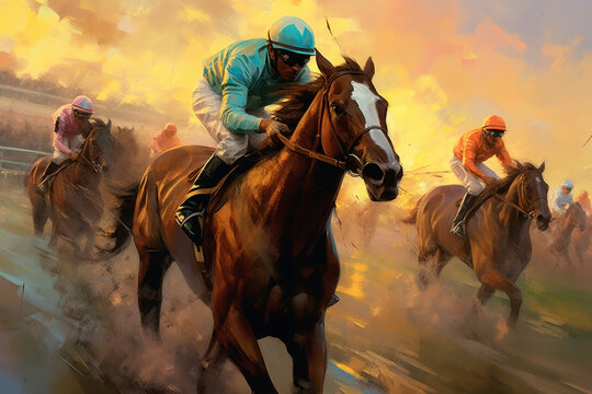 A beautiful watercolor painting that depicts a man riding on horseback during a fast-paced horse racing event. Generative AI.