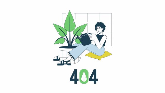 Watering plant 404 error animation. Gardening houseplant. Empty state 4K video concept footage with alpha channel transparency. Outline colour page not found flash message for UI, UX web design